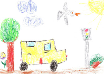 Drawing of the buildings and cars. City road in childish style.