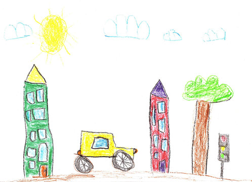Drawing of the buildings and cars. City road in childish style.
