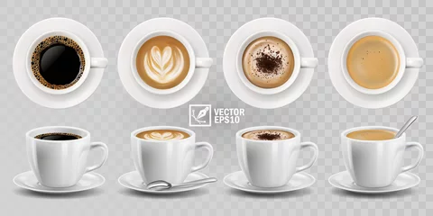 Fotobehang Koffie 3D-realistische vector geïsoleerde witte kopjes koffie met lepel, boven- en zijaanzicht, cappuccino, americano, espresso, mokka, latte, cacao