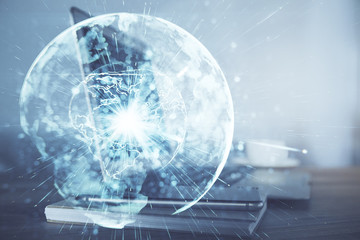 Multi exposure of business theme icons and table with computer background. Concept of success.