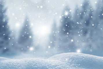 Winter  background .Merry Christmas and happy New Year greeting card with copy-space. Christmas landscape with snow and fir tree