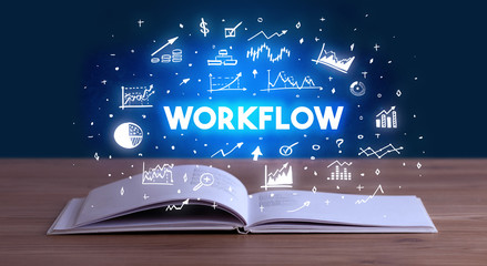 WORKFLOW inscription coming out from an open book, business concept