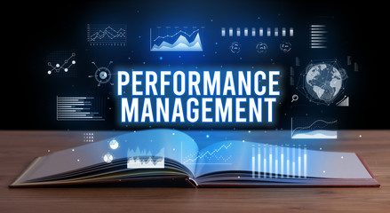 PERFORMANCE MANAGEMENT inscription coming out from an open book, creative business concept