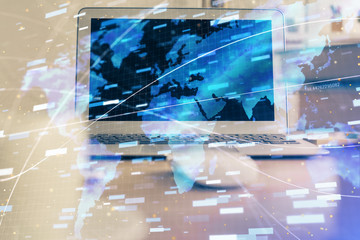 Technology theme drawing and work space with computer. Multi exposure. Concept of innovation.