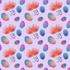 Fototapeta na wymiar seamless pattern with watercolor lotus flowers and aum symbol on purple bacground