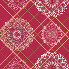 Seamless pattern - carved figures - white-blue snowflakes, crystals, on mustard-colored cells. Rhombuses - geometric calm red background.