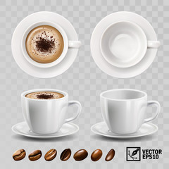 3d realistic vector cup of cappuccino or latte coffee with chocolate topping, top view, side view