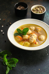 soup meatballs (poultry, chicken, turkey, vegetables) menu concept. food background. top view. copy space