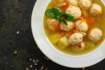soup meatballs (poultry, chicken, turkey, vegetables) menu concept. food background. top view. copy space