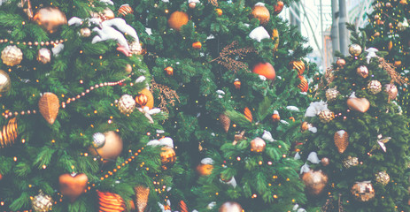 Christmas lights, Christmas decorations on the street. Blurred background city street with Christmas illuminations. Copy space for your text.