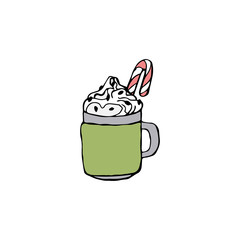 Green cup of hot chokolate with cream and candy cane. Winter dessert beverage. Hand drawn illustration.