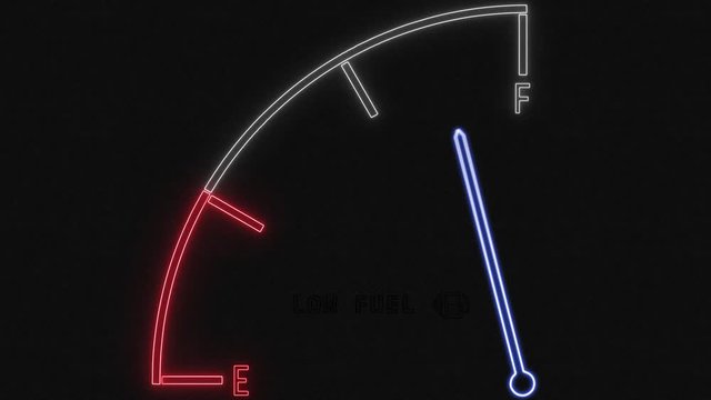 4K render of a digital lit up fuel gauge with a pointing needle going from full to empty and a blinking low fuel 