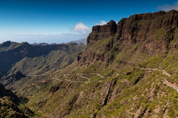 Panoramic view of the Macizo de Teno mountains with curvy roads leading to Masca village in Tenerife, Canary Islands