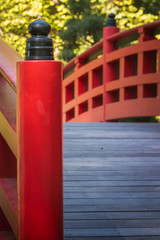 Detail of the handrail of a red japanese bridge over blurred background