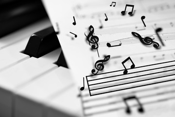 3D render . Pentagram with shiny music notes. Musical background