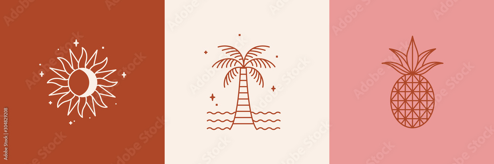 Poster vector logo design template with palm tree and sun