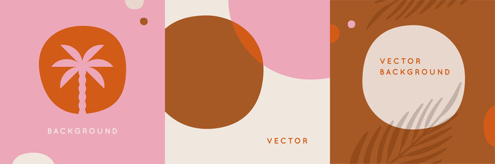Vector set of abstract creative backgrounds in minimal trendy style with copy space for text and palm leaves - design templates for social media posts and stories - simple, stylish and minimal wallpap © venimo