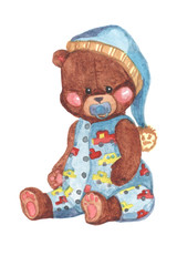 Watercolor drawing of a Teddy bear in a bodysuit and hat, with a nipple