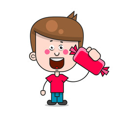 Boy With Candy Illustration On White Background Vector Suitable For Greeting Card, Poster Or T-shirt Printing.