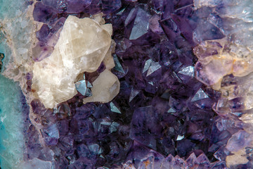 Macro raw mineral amethyst stone with calcite 