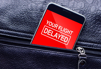 Text Your Flight Delayed on cell phone screen from the leather bag