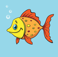 Funny cartoon fish with air bubbles isolated on blue backgroung. Vector illustration.