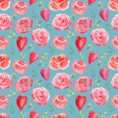 Watercolor seamless pattern of Air roses and hearts. Festive background