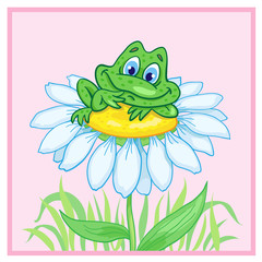 Little funny frog sitting on a big chamomile. Summer card.  In cartoon style. Vector illustration.