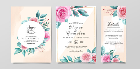 Modern wedding invitation card template set with flowers decoration and watercolor background. Botanic illustration for background, save the date, invitation, greeting, menu card - obrazy, fototapety, plakaty