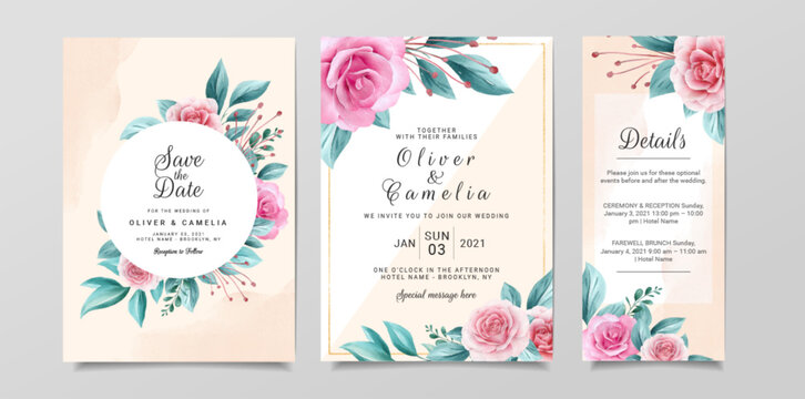 Modern wedding invitation card template set with flowers decoration and watercolor background. Botanic illustration for background, save the date, invitation, greeting, menu card