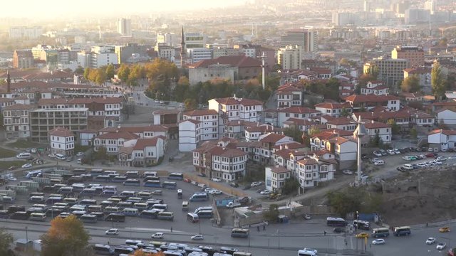 Traditional Turkish houses with Haci Bayram mosque and Bentderesi neighborhood in sunset., Ankara/Turkey