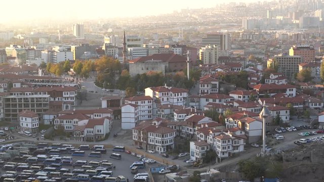 Traditional Turkish houses with Haci Bayram mosque and Bentderesi neighborhood in sunset., Ankara/Turkey