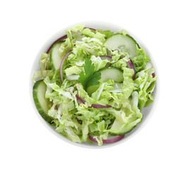 Tasty salad with cabbage and cucumbers isolated on white, top view