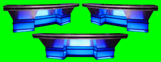 Blue Sports News Desk 3 Angles Isolated on Chroma Key Green Screen Background	