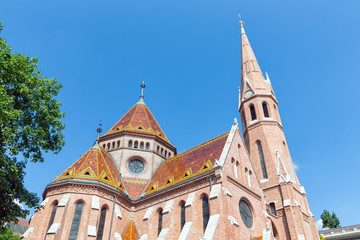 Fototapeta na wymiar Calvinist Church with beautiful roof plates Budapest, Hungary