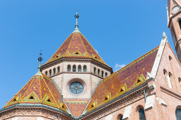Fototapeta na wymiar Calvinist Church with beautiful roof plates Budapest, Hungary