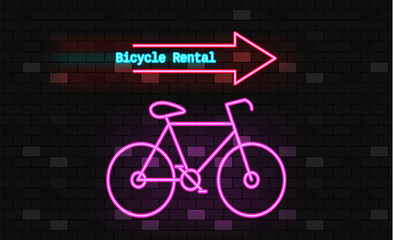 Fototapeta premium Bicycle rent glowing neon sign on dark brick wall background. Bike rental symbol in neon style.