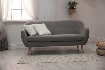 Modern comfortable sofa in stylish home interior