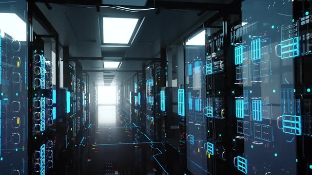 System Administrator Corridor. Futuristic High Tech Server Room. Camera pan move to right.Interior 3d render concept. Crypto Currency Mining. Bitcoin farm.
