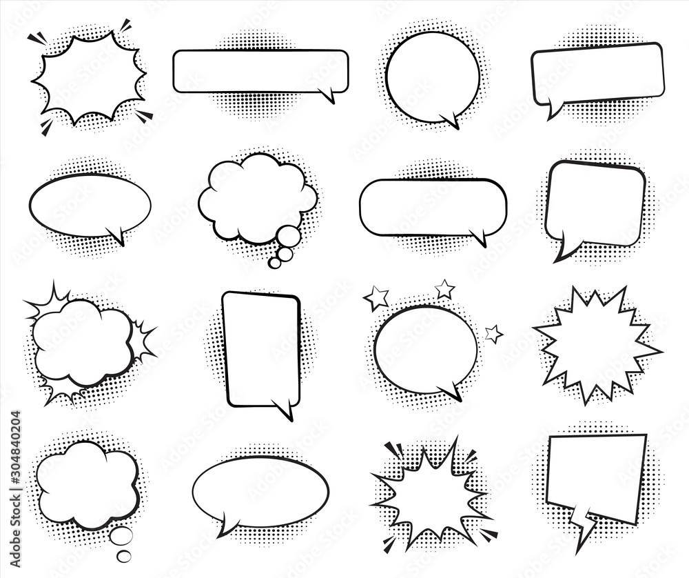 Wall mural retro empty comic bubbles and elements set with black halftone shadows on white background. vector i