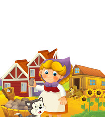 cartoon scene with happy woman working on the farm standing and smiling on white background illustration for children