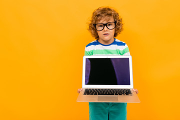 Naklejka premium smart schoolboy with a laptop on a yellow background