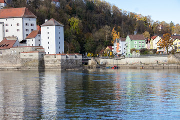 Fototapeta na wymiar Passau, Bavaria, Germany - 04.11.2019, View of the Veste Niederhaus in Passau, confluence of the Inn, Danube and the Ilz