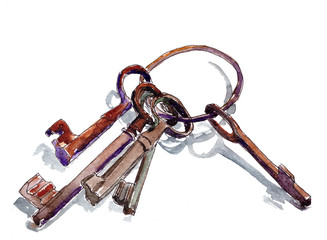watercolor old rusty keys on a metal ring