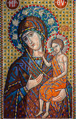 Orthodox mosaic icon of the Virgin (Holy Virgin Mary) on the wall of an Orthodox church in Moscow