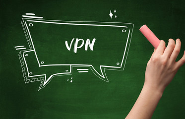 Hand drawing VPN abbreviation with white chalk on blackboard