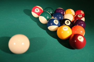 Sports game of billiards on a green cloth. Multi-colored billiard balls in the shape of a triangle with numbers,  cue and a triangle on a pool table. Billiards and billiard balls close up.