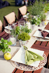 table setting in rustic style with herbs, apples and brown napkins