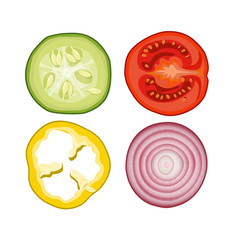 Sliced rings of vegetables cucumber, tomato, pepper and onion.