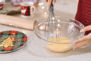 Close-up view of glass bowl with eggs mixture